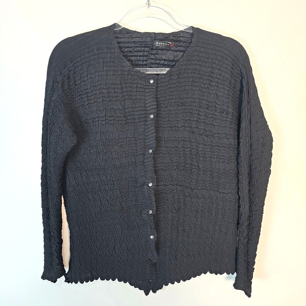 Babette Crinkle Textured Black Collarless Snap Jacket Shirt Minimalist Small